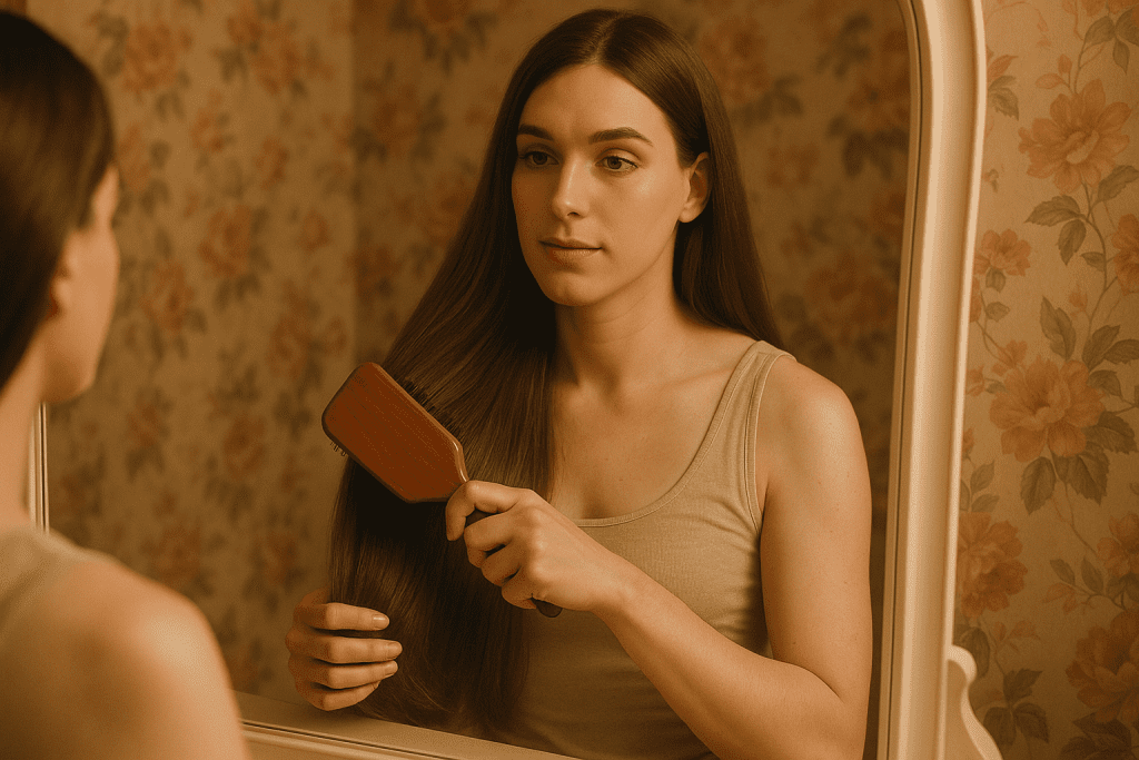 Feminized male brushing long hair in front of mirror, sunlight glow.
