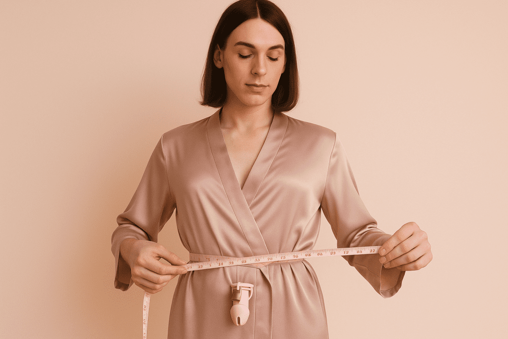Feminized male model measuring waist with soft pink tape, symbolic chastity discipline.
