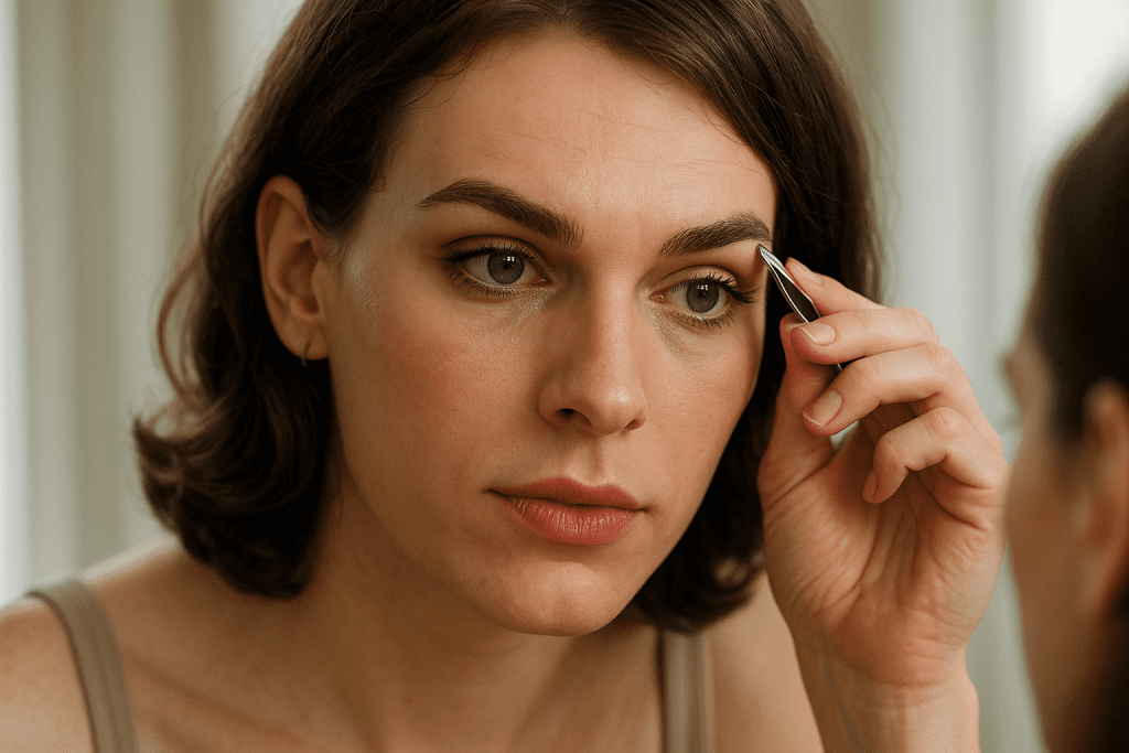 Feminized male at piercing studio smiling softly as needle approaches ear.