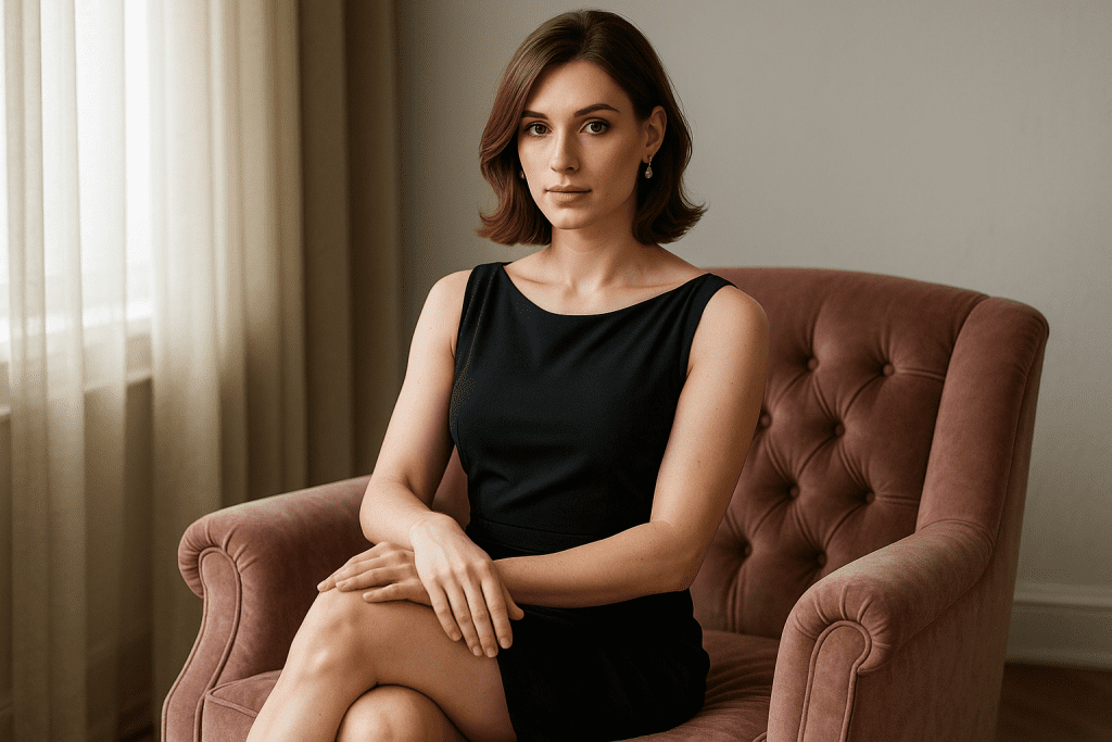 Feminized male model sitting elegantly with legs crossed and straight posture.