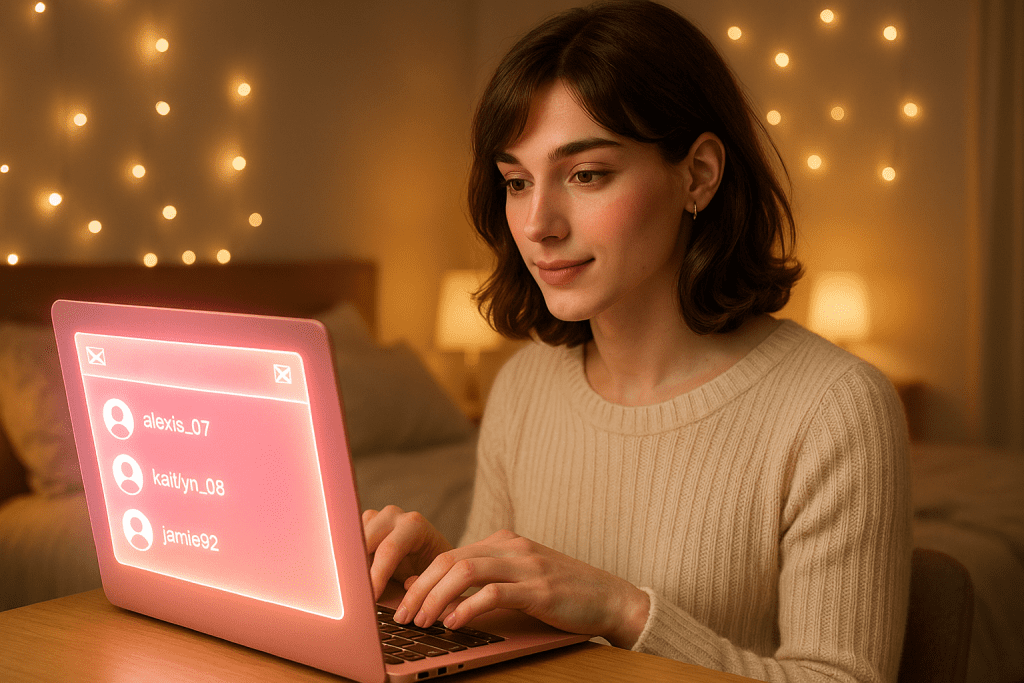 Feminized male at laptop creating feminine email, pink soft tech vibe.