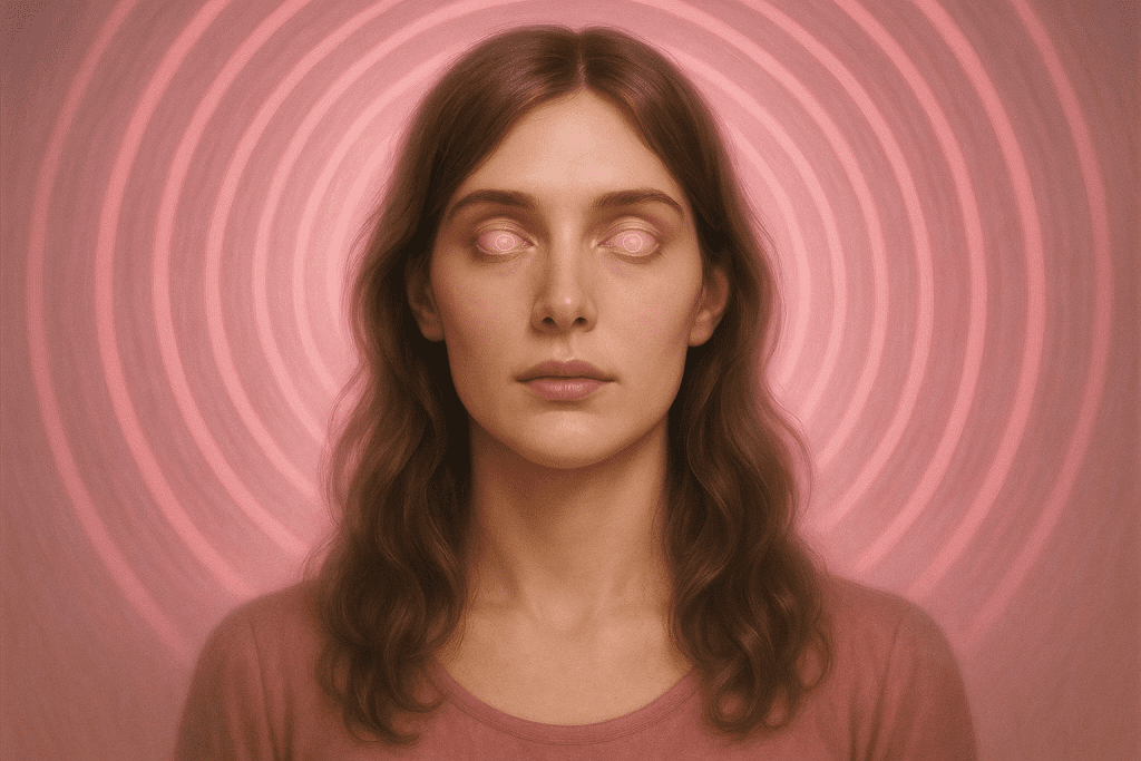 Feminized male model in trance-like state, surrounded by swirling light patterns.