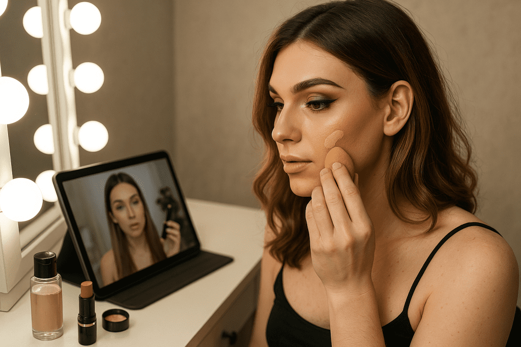 Feminized male applying makeup at vanity watching tutorial.