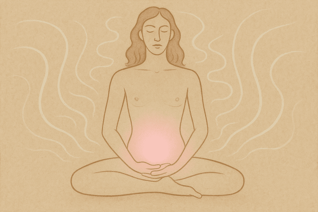 Feminized male doing yoga pose in pastel-lit space.