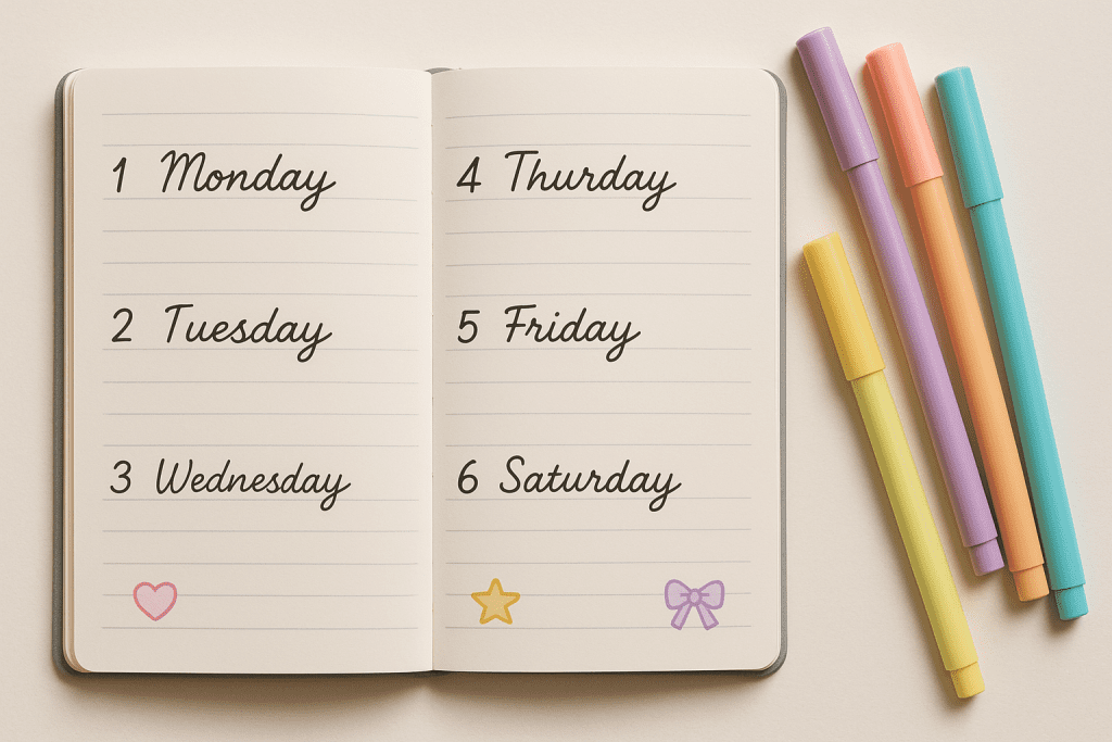 Open weekly planner with pastel markers illustrating a 7-day guilt-free practice plan