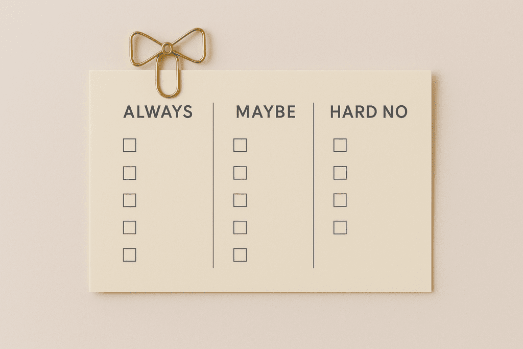 Consent menu card with Always Yes, Maybe, and Hard No columns for kink boundaries