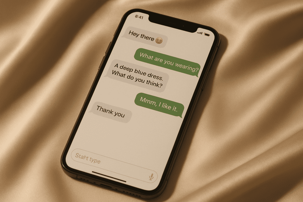 Smartphone on satin with a tasteful chat mockup showing start, color check, and end scripts