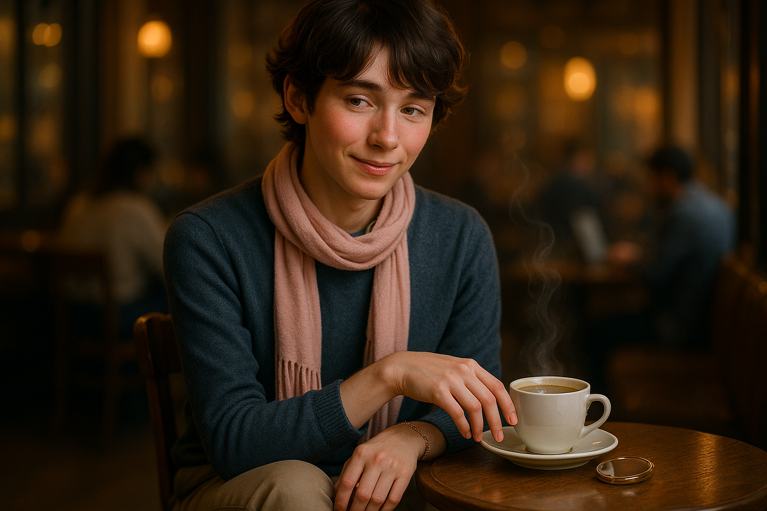 Sit at a café with crossed legs and soft posture