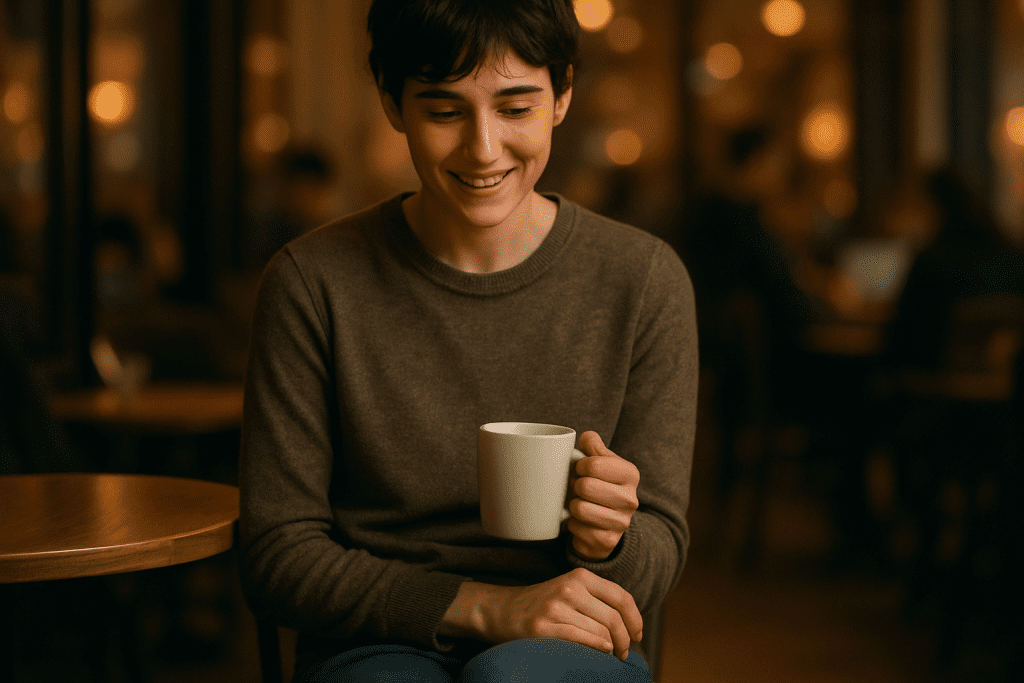 Touch your chastity cage through your pants in a café