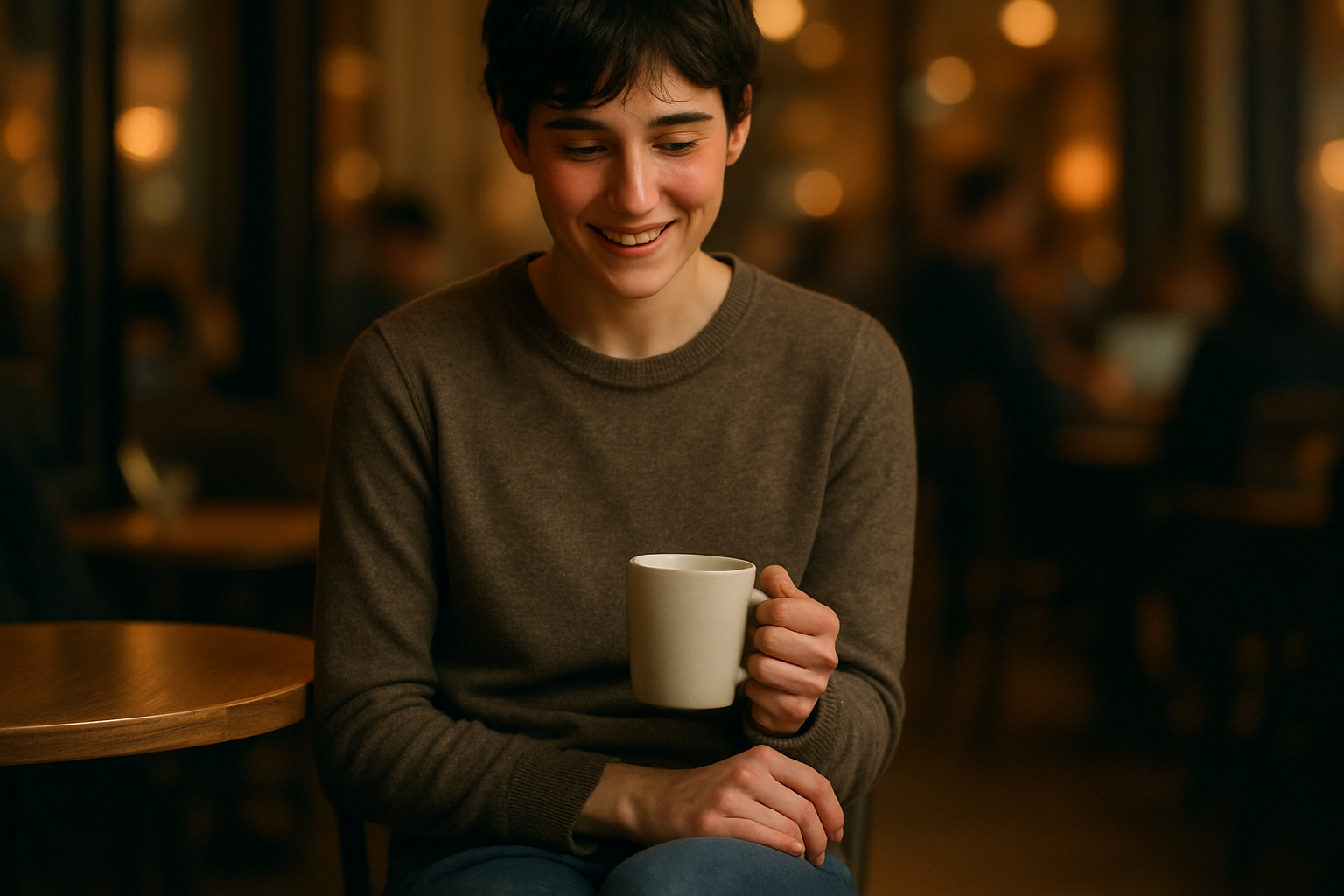 Touch your chastity cage through your pants in a café