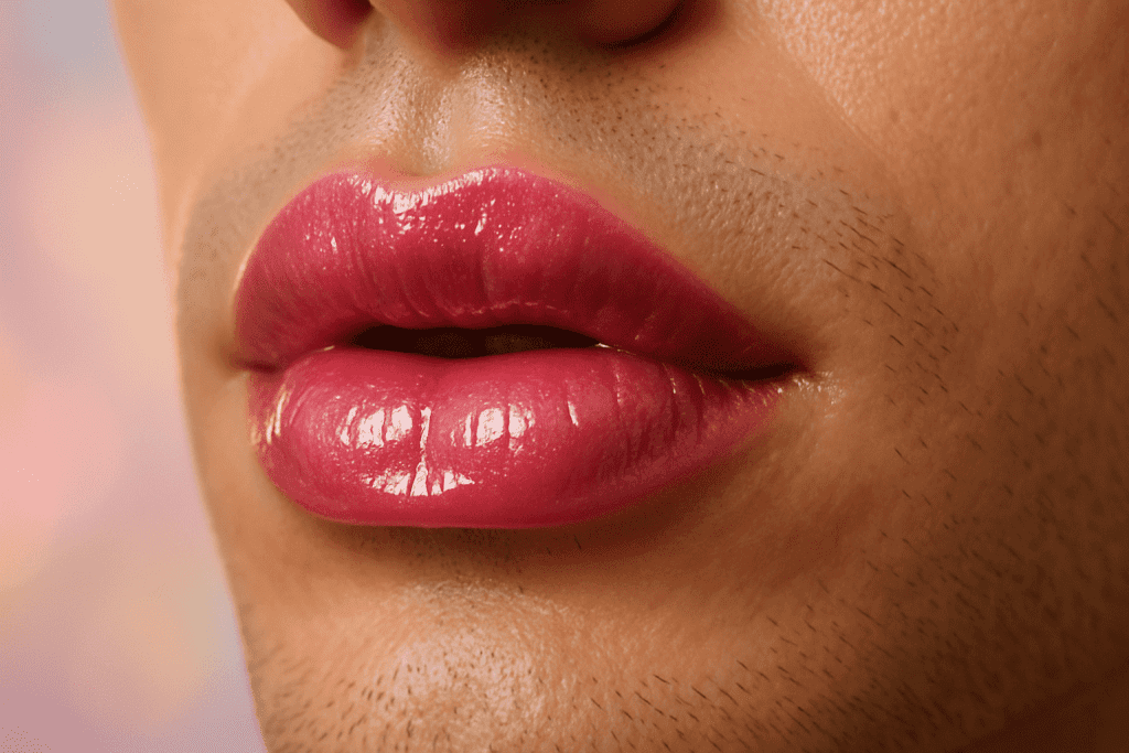 Glossy lipstick close-up for MTF beginner showing plump glowing lips.