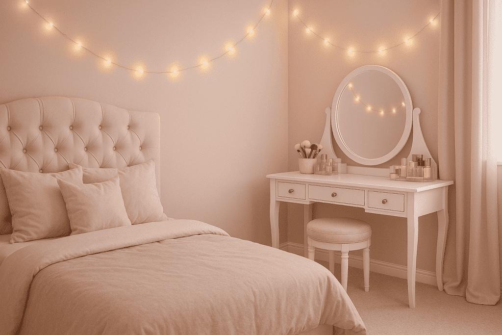 Soft glam feminine bedroom setup with vanity and clean pastel backdrop for selfies.