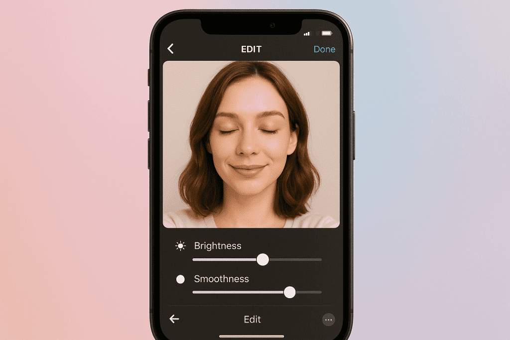 Phone screen editing a makeup selfie with gentle filters and lighting adjustments.