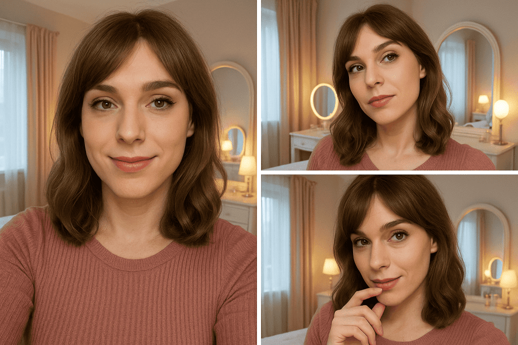Collage of MTF crossdresser selfies with feminine poses and soft playful expressions.