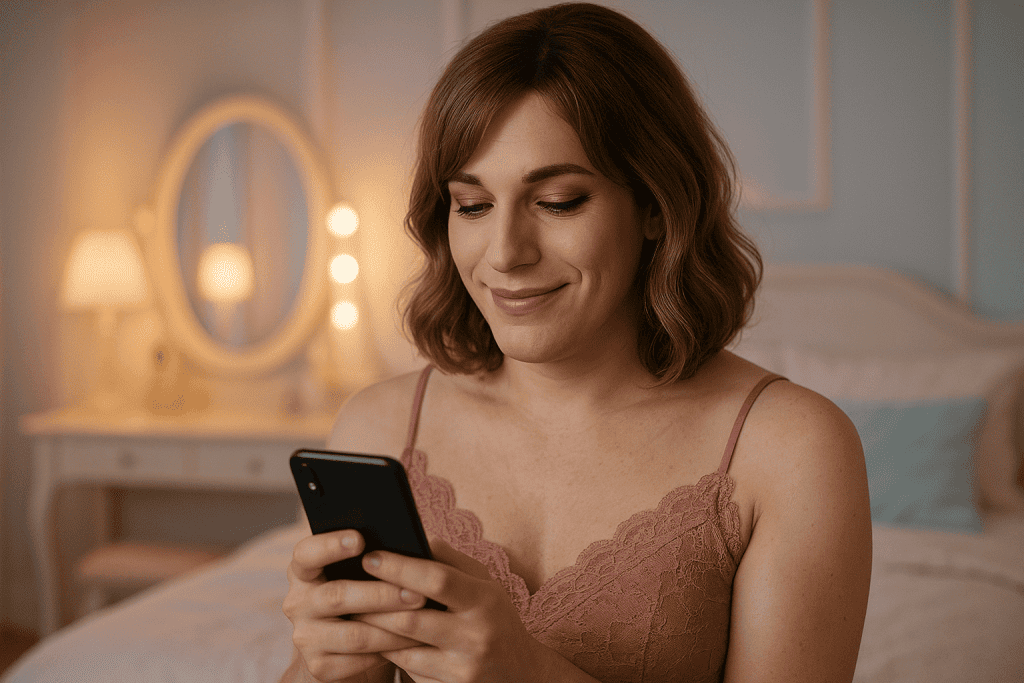 MTF beginner reviewing makeup selfies proudly on her phone in feminine bedroom.