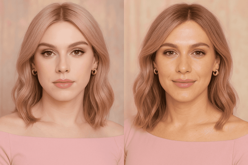 Comparison of over-edited makeup selfie vs natural glowing selfie for MTF beginners.