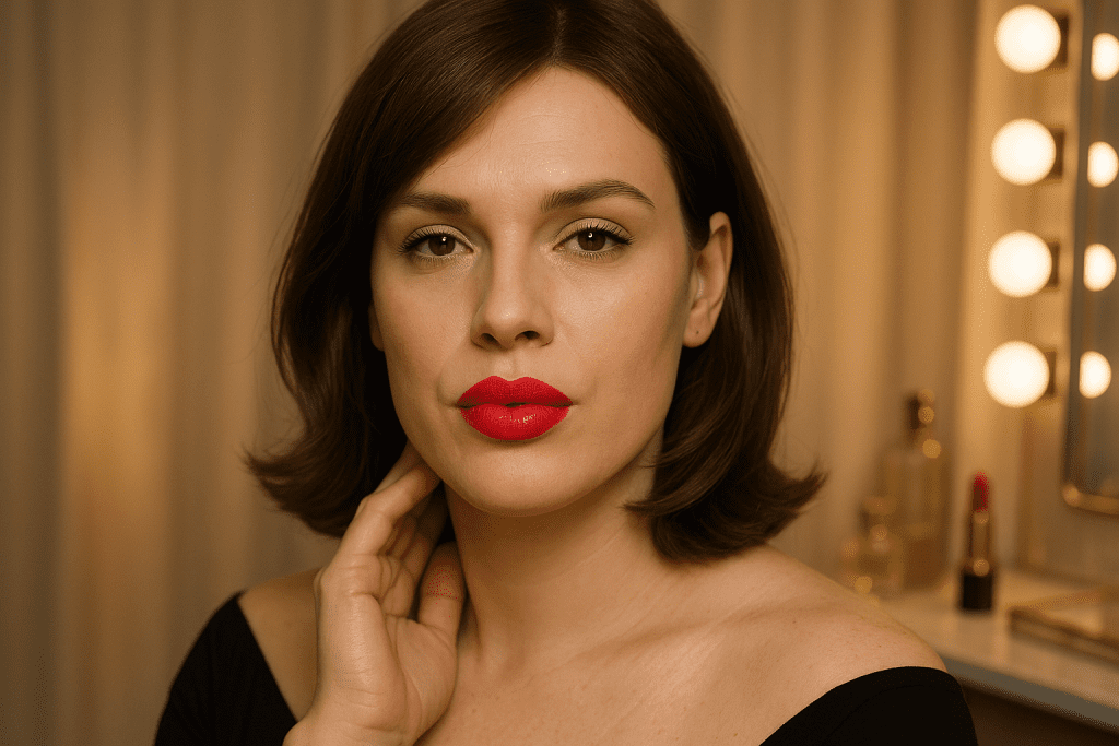 Crossdresser with bold red lipstick and confident expression for Bold Lip Confidence look.