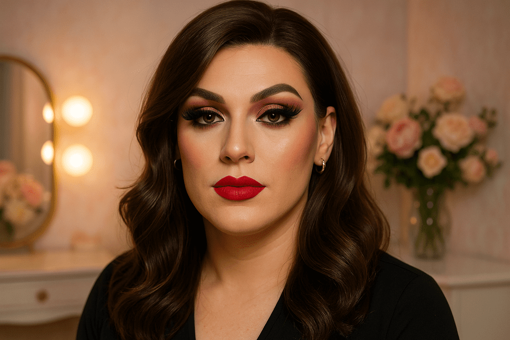 Crossdresser in full glam with bold eyeshadow, lashes, and lipstick for Sissy Glam Finale look.