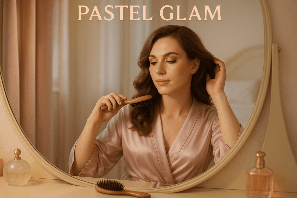Crossdresser in silky pastel robe brushing hair in front of mirror for morning feminization ritual.