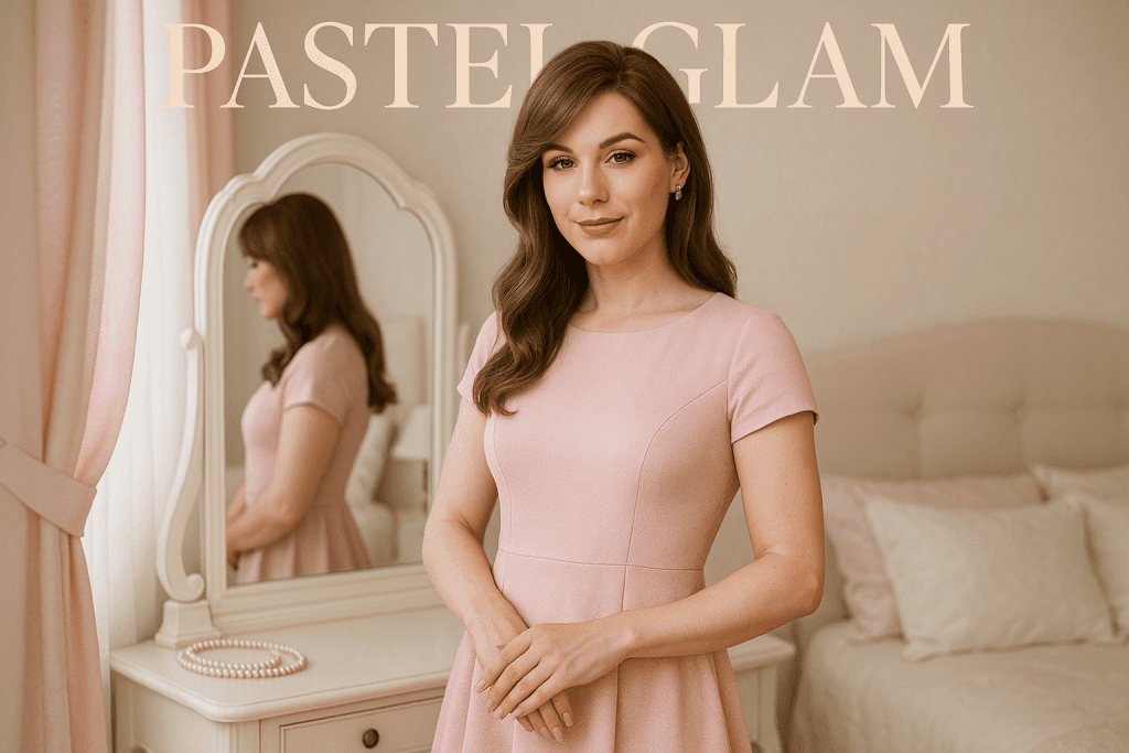 Crossdresser in pastel glam bedroom representing 7-day daily feminization assignment series.