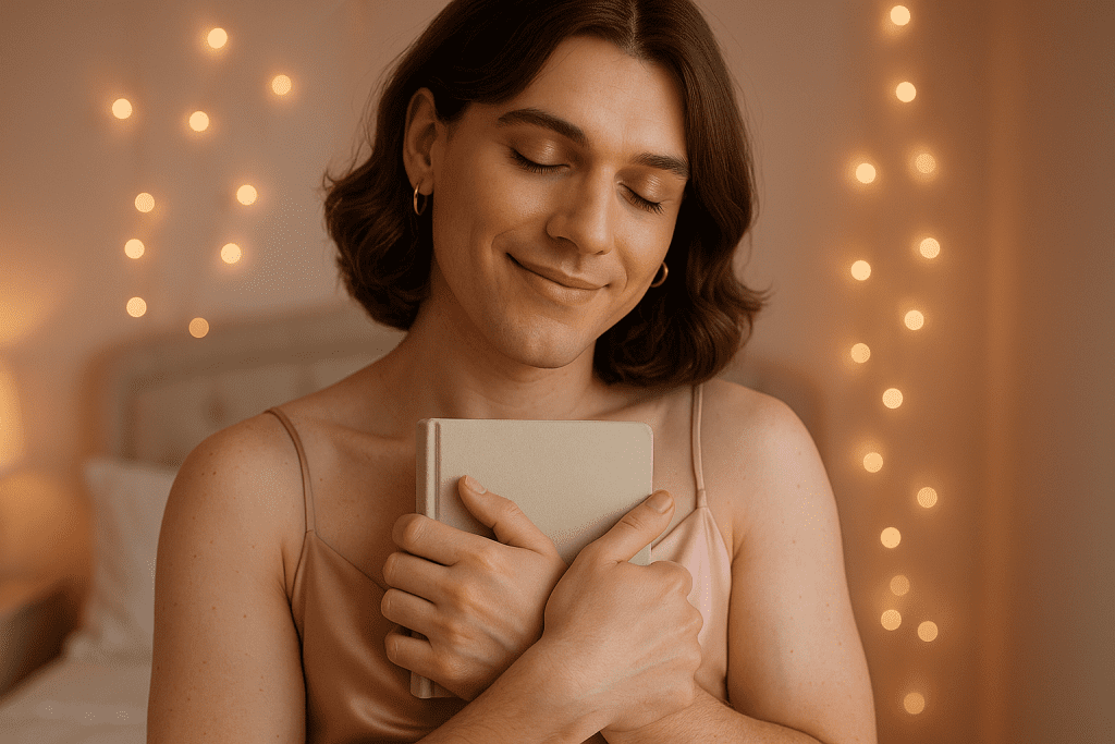 Sissy holding journal close to chest with soft smile – emotional connection to feminine growth