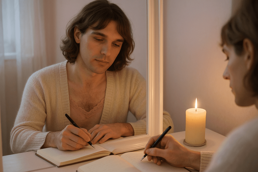 Sissy writing emotional feelings in journal with mirror reflection and candle