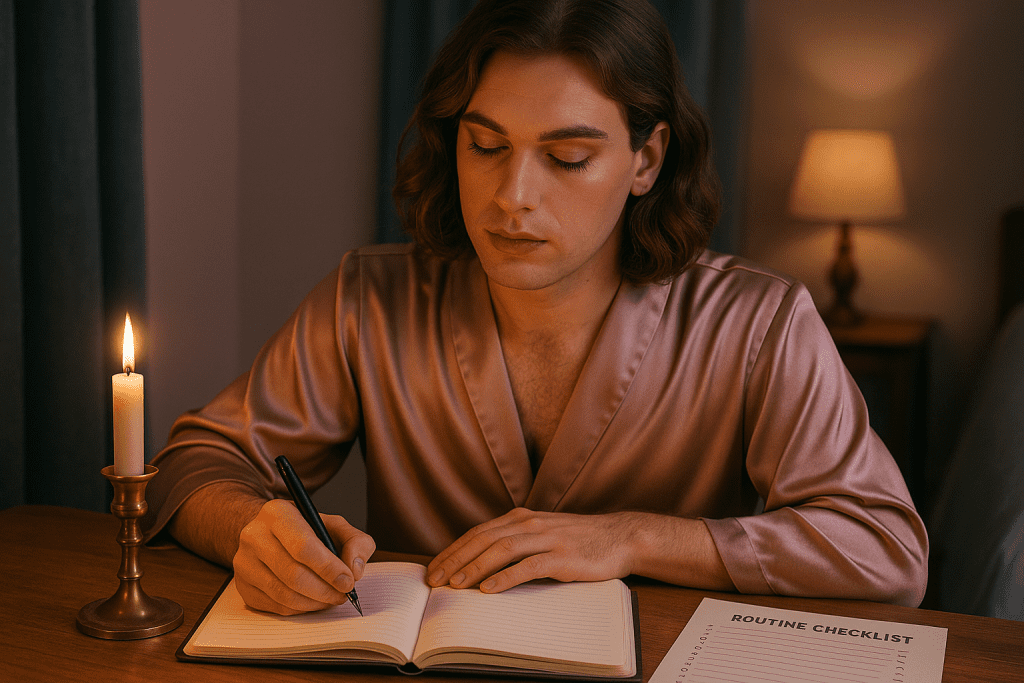 Sissy journaling routine at night with candle and checklist in pastel bedroom