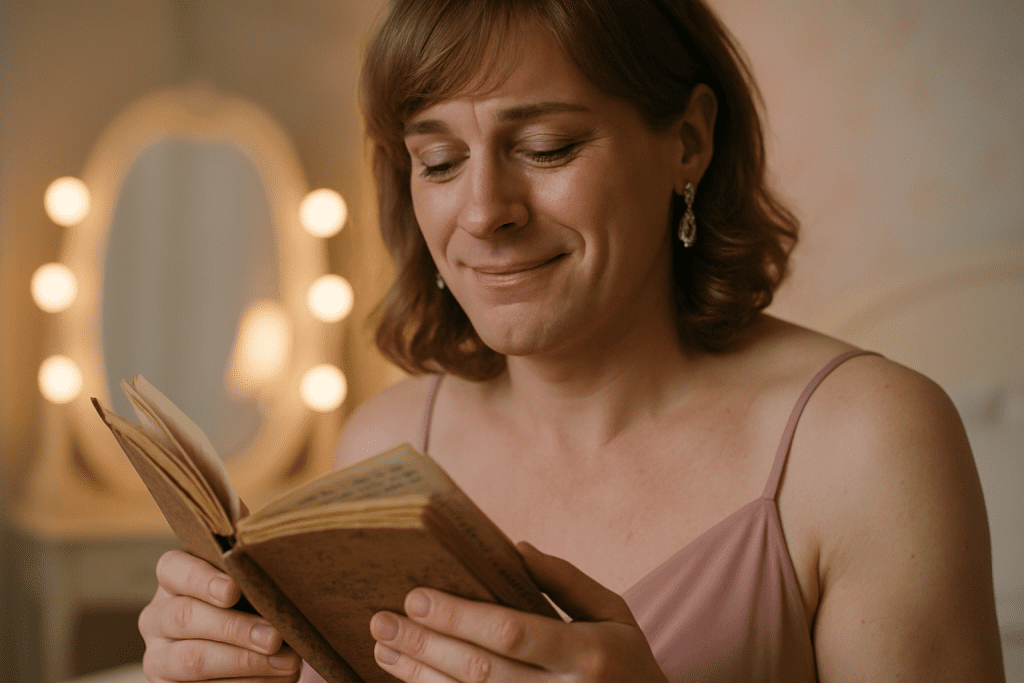 Crossdresser flipping through old journal entries with emotional pride