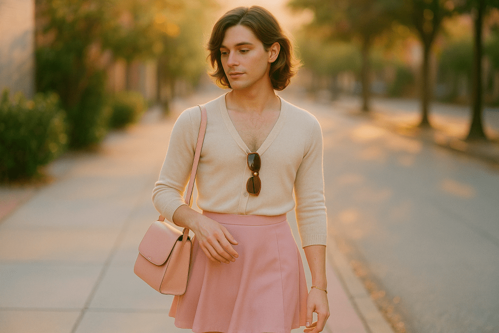 Feminized male walking outdoors with soft sway and pastel purse – practicing subtle feminine gestures.”