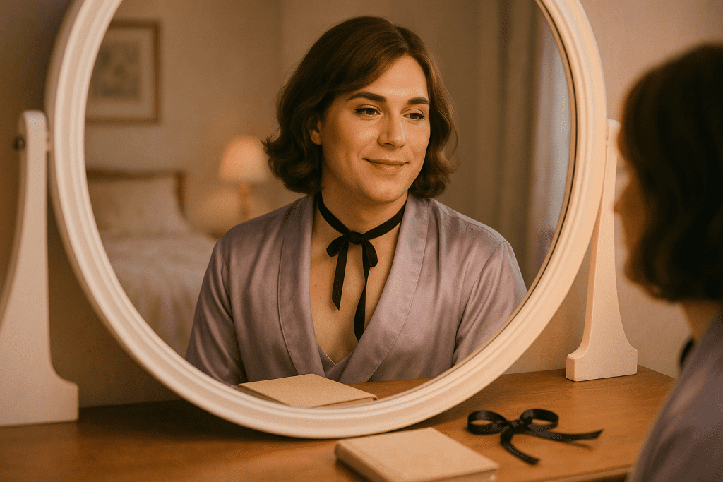 Crossdresser smiling in pastel bedroom mirror – embracing femininity after public dares.