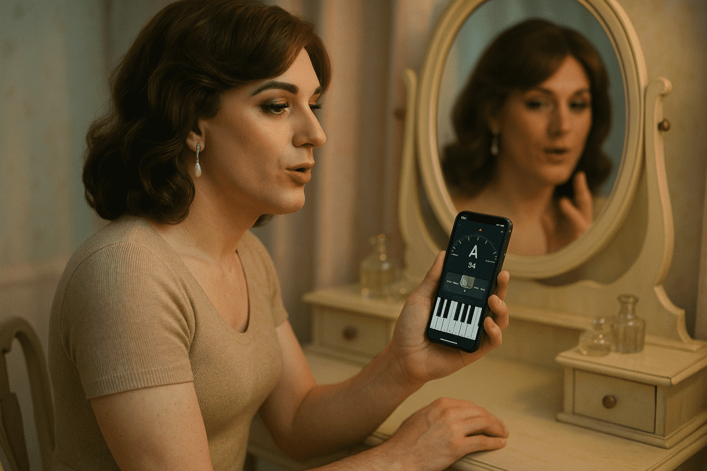 Crossdresser checking pitch on phone while practicing feminine voice at vanity.