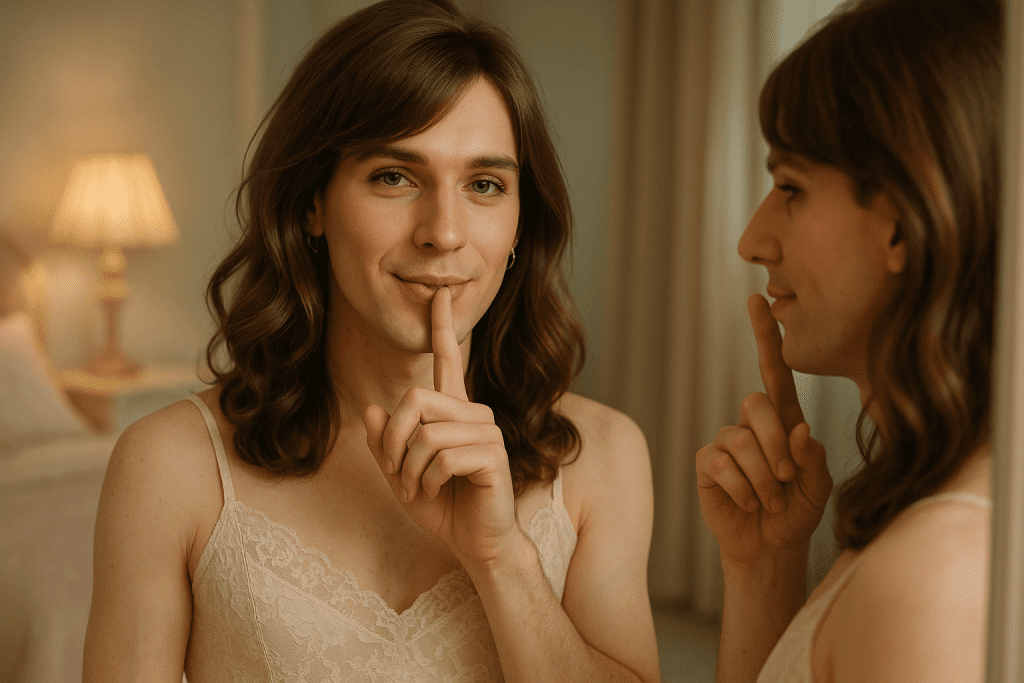 Crossdresser practicing resonance with finger near lips in pastel glam bedroom mirror.