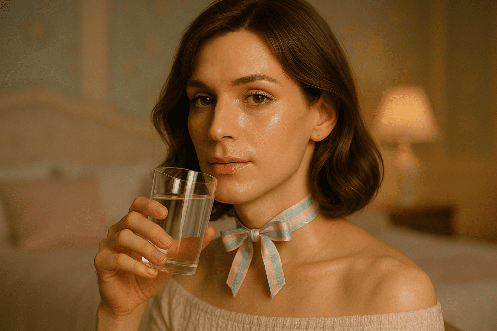 Feminine crossdresser with ribbon choker holding water glass, symbolizing hydration as the secret to feminine glow.