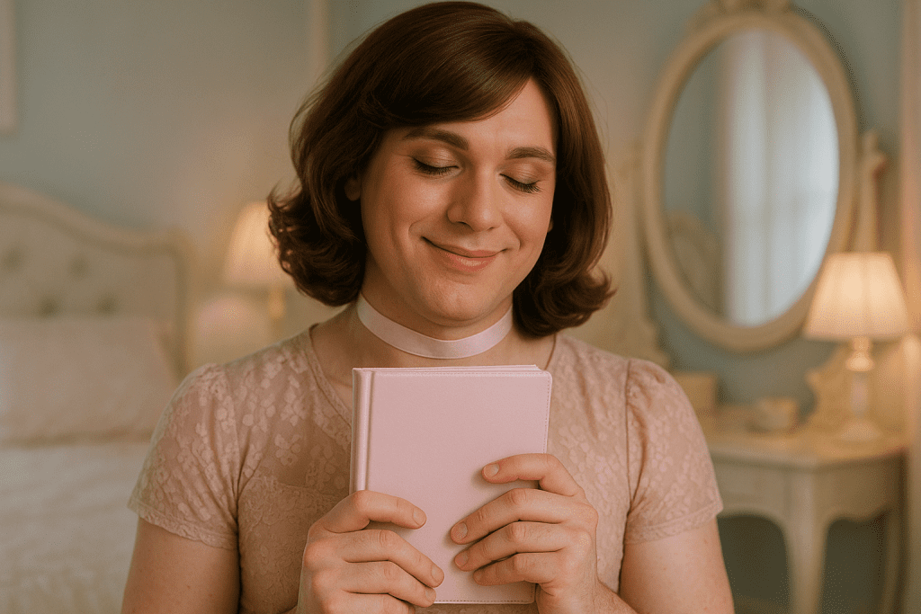 Crossdresser closing pastel diary with ribbon choker and serene smile in glam pastel bedroom.
