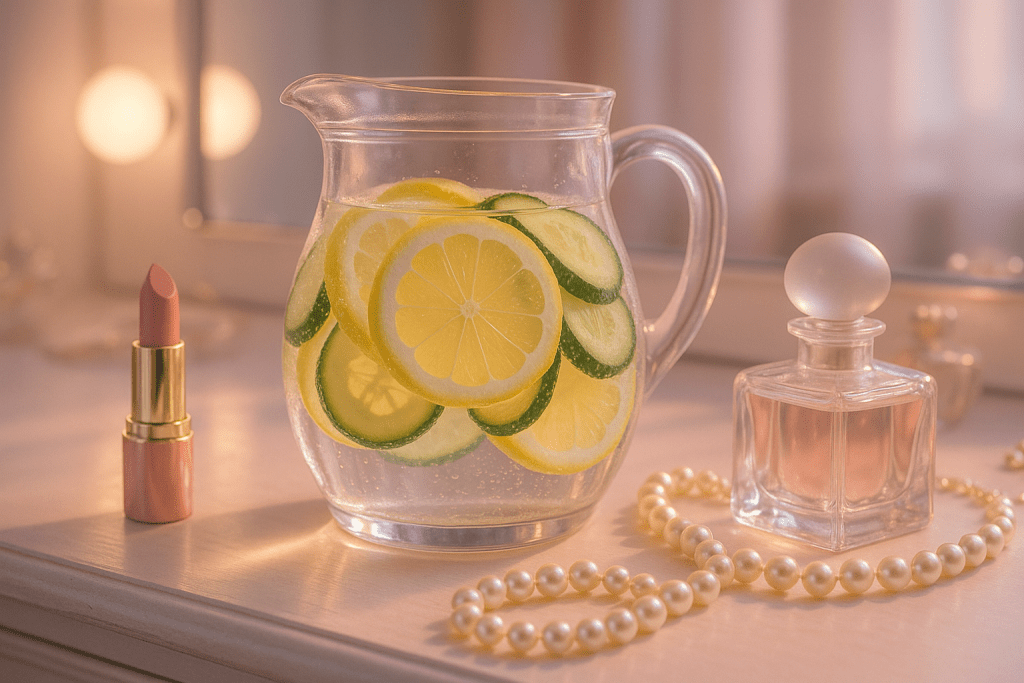 Infused lemon and cucumber water on pastel vanity with feminine accessories, hydration made glamorous.
