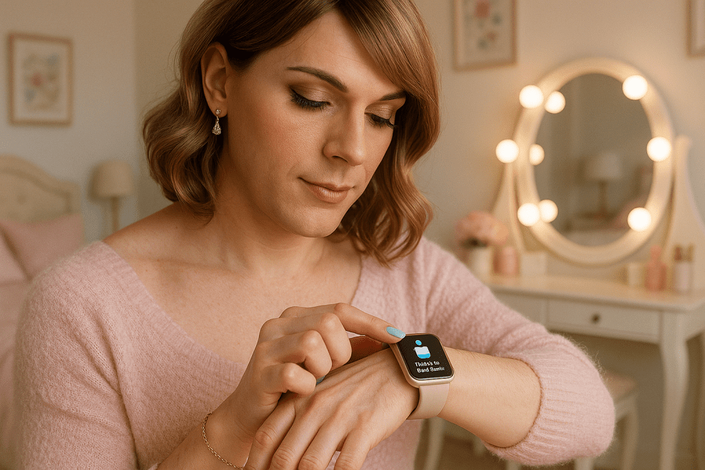 Feminine crossdresser checking smartwatch hydration reminder, hourly water reminder for self-care.