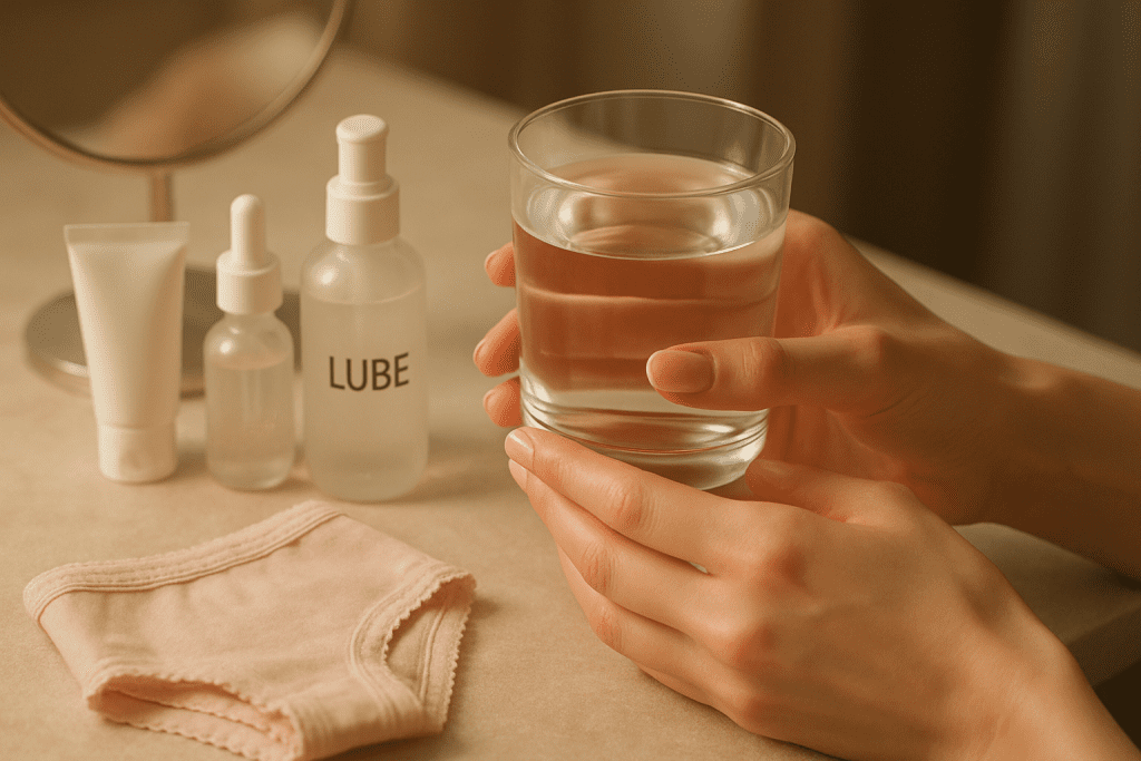 Feminine hydration setup with water glass, cotton panties, and self-care items for feminine health.
