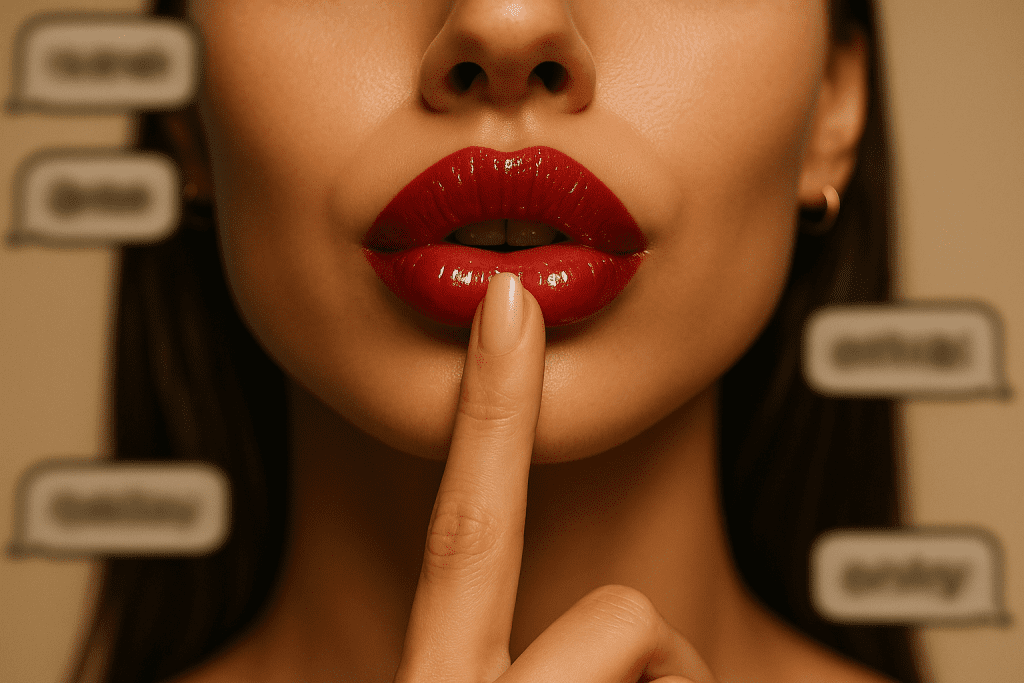 Coy lips and stylized speech bubbles suggesting a playful dirty-talk library