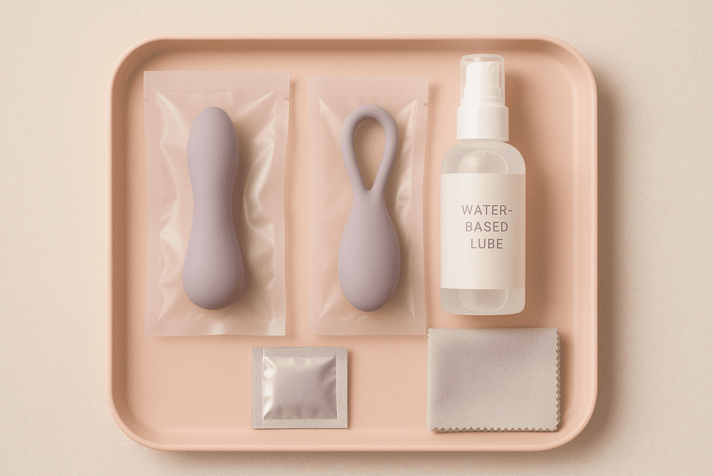 Discreet body-safe wellness items—lube and barriers—arranged in a clean pastel flat-lay