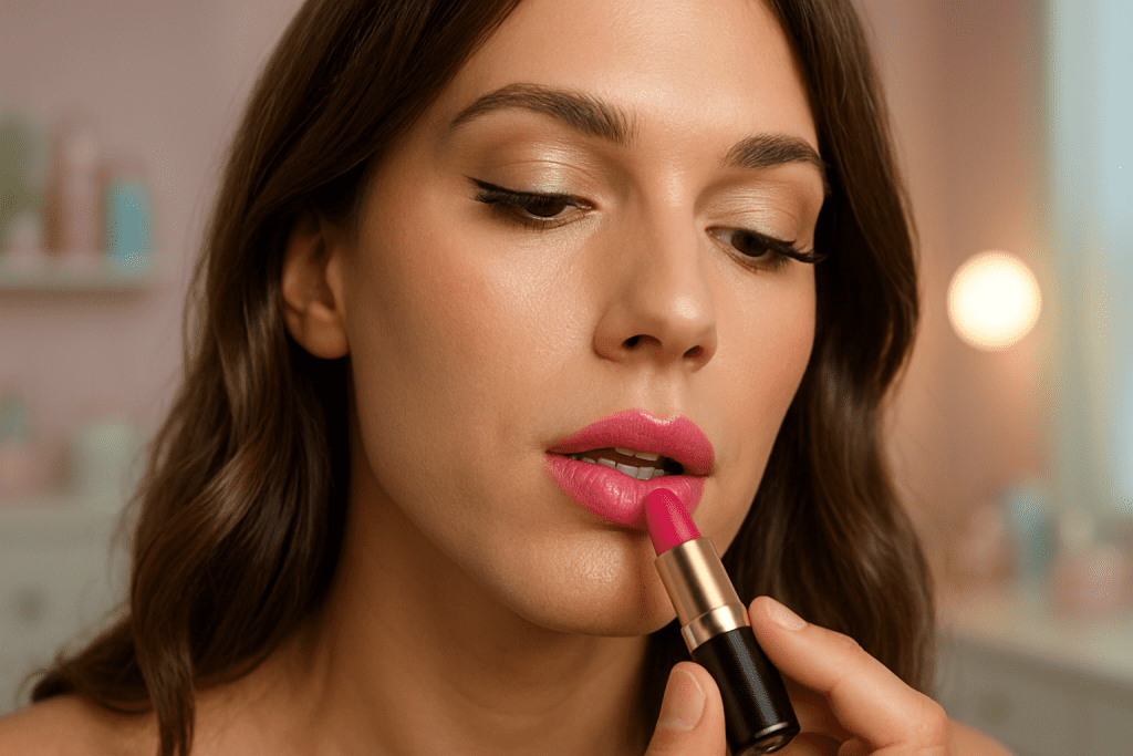 Feminine crossdresser applying lipstick with hydrated lips, beauty boosted by hydration.