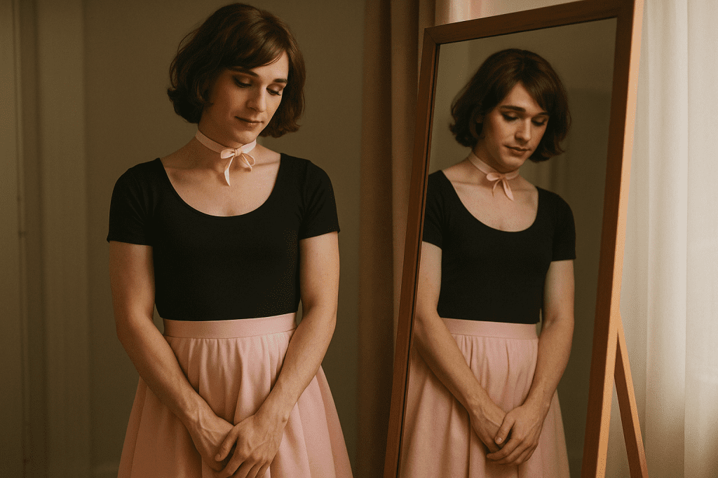 crossdresser posing softly at a full-length mirror to practice gentle praise