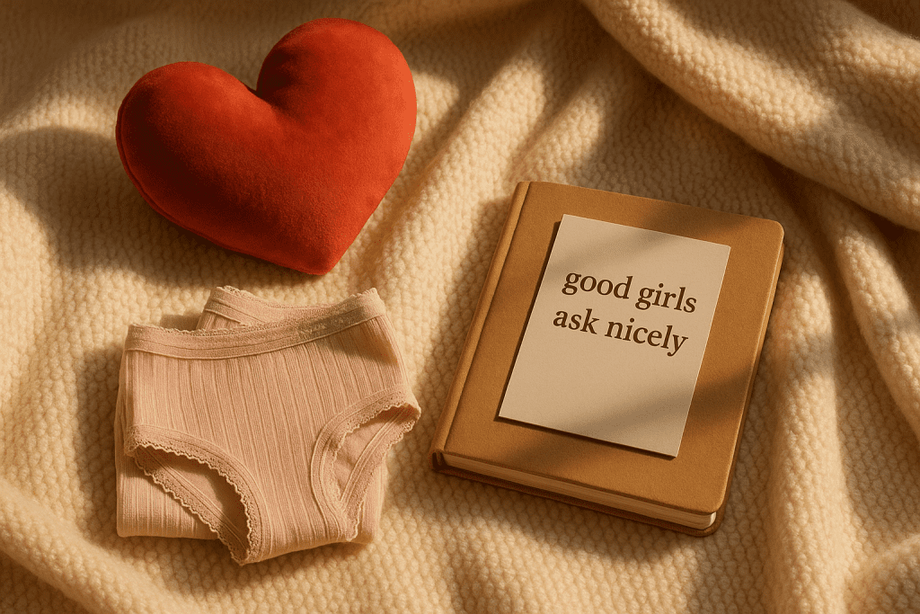 Cozy pastel still-life with heart pillow, folded panties, and a mantra card for mindful arousal