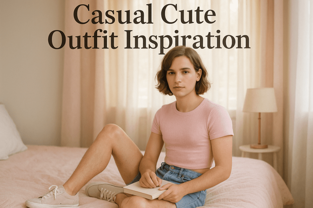 Casual sissy outfit inspiration – pastel crop top, denim shorts, sneakers, light natural makeup.