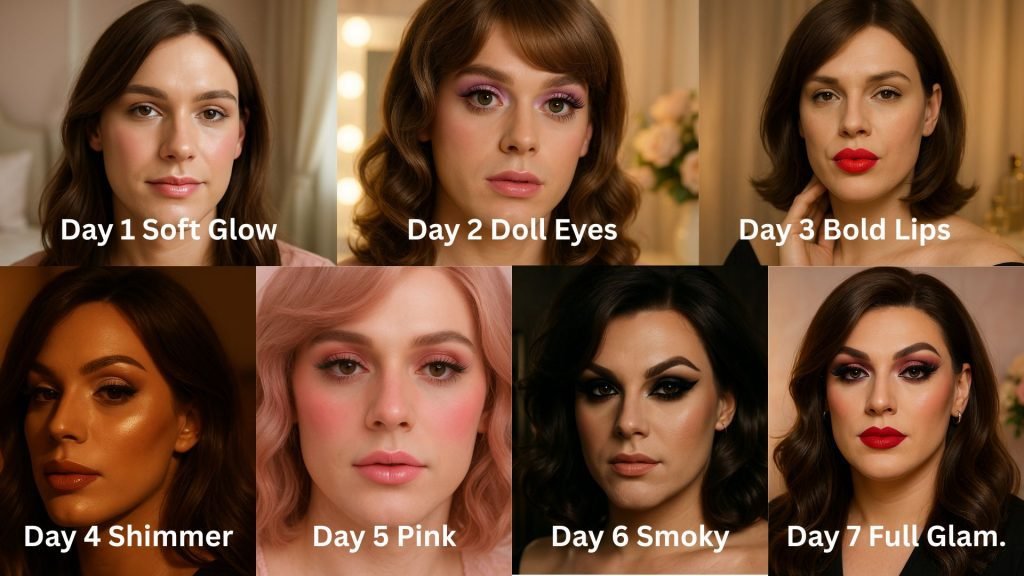 Collage of 7 different sissy makeup looks showing progression from natural to full glam.
