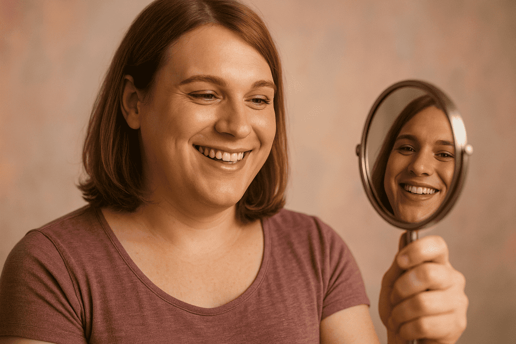 Crossdresser smiling proudly at mirror after makeup, symbolizing confidence and feminization progress.