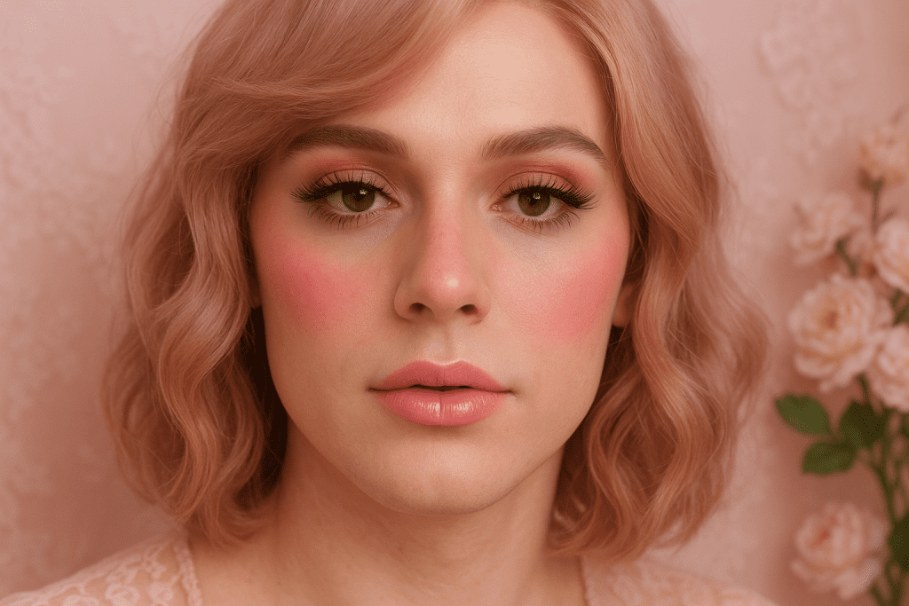 Crossdresser with rosy pink blush, pink eyeshadow, and baby pink lips for Soft Feminine Pink look.