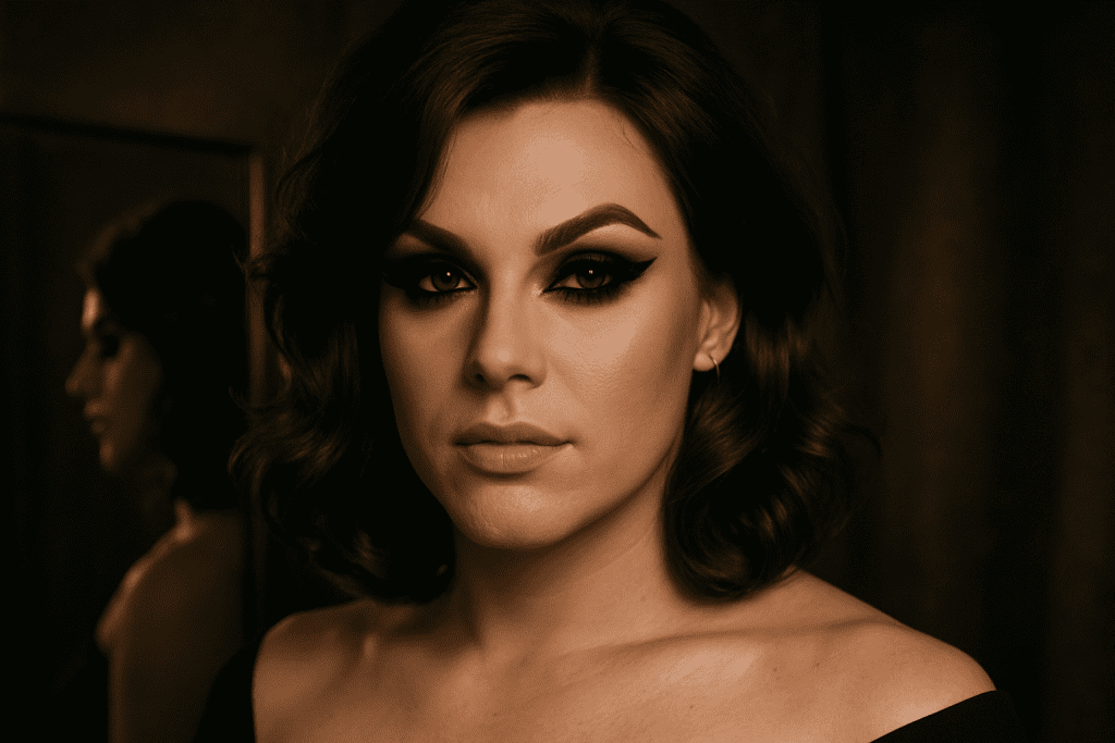 Crossdresser with smoky eyes, winged eyeliner, and nude lips for Smoky Glam Look.