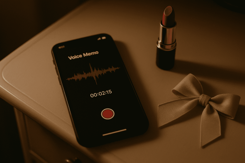 Phone with voice memo open beside feminine accessories for a private, consent-first confession