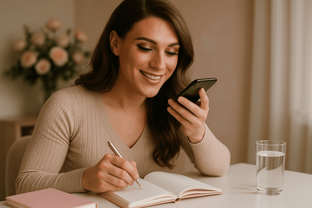 Crossdresser recording voice in phone diary with pastel glam background.