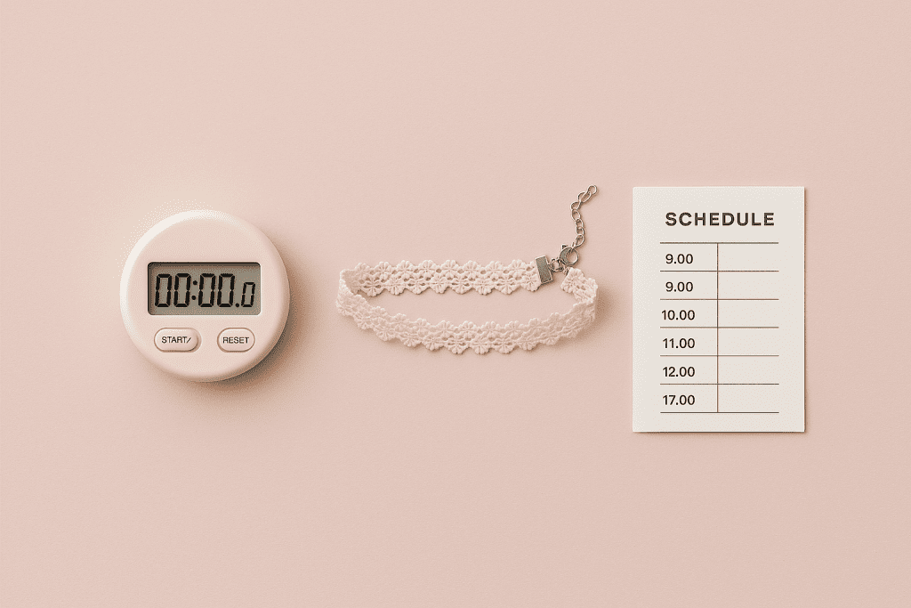Pastel timer with a delicate collar and schedule card for playful obedience practice